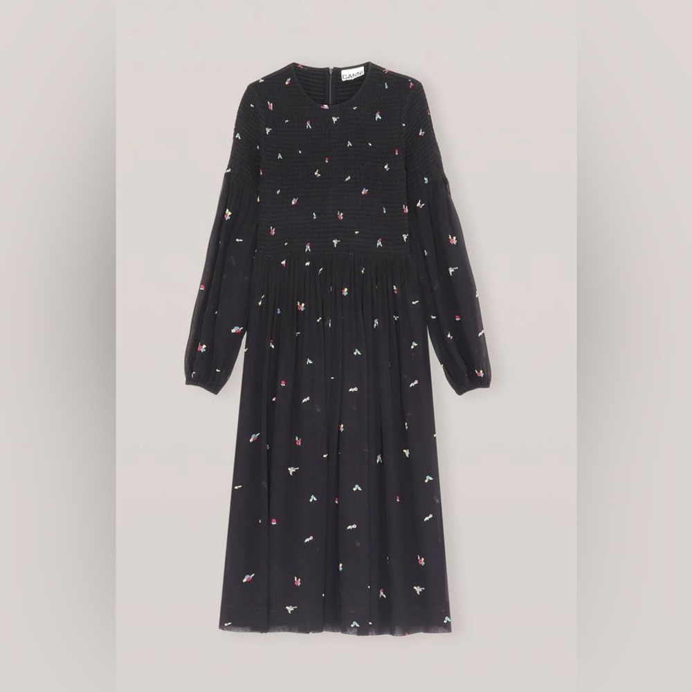 Ganni Smocked Floral-Print Georgette Midi Dress in Black Viscose